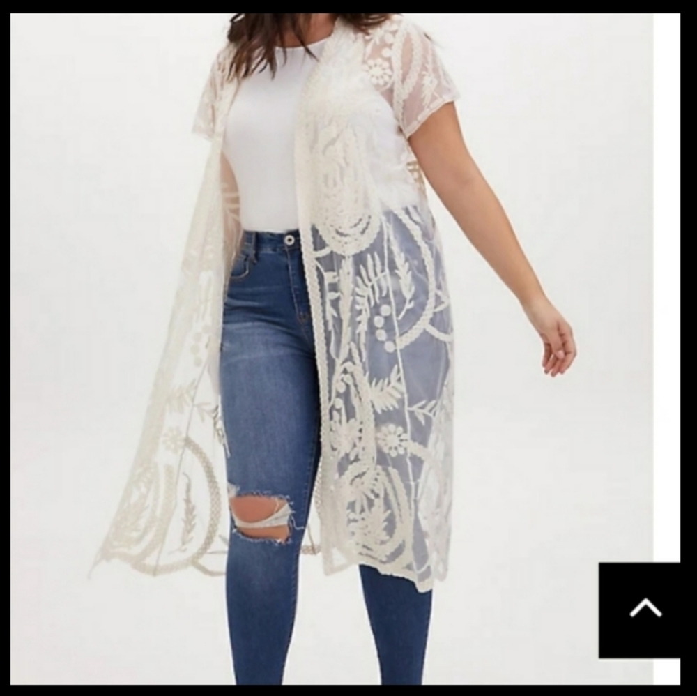 🆕 3X/4X PLUS SIZE CREAM MESH EMBROIDERED LONGLINE LACE KIMONO